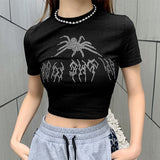 Summer Tank Tops Punk Vintage Rhinestone Spider Graphic Black Vest Gothic Style O-neck Short Sleeve Crop Top Women Slim Tanks