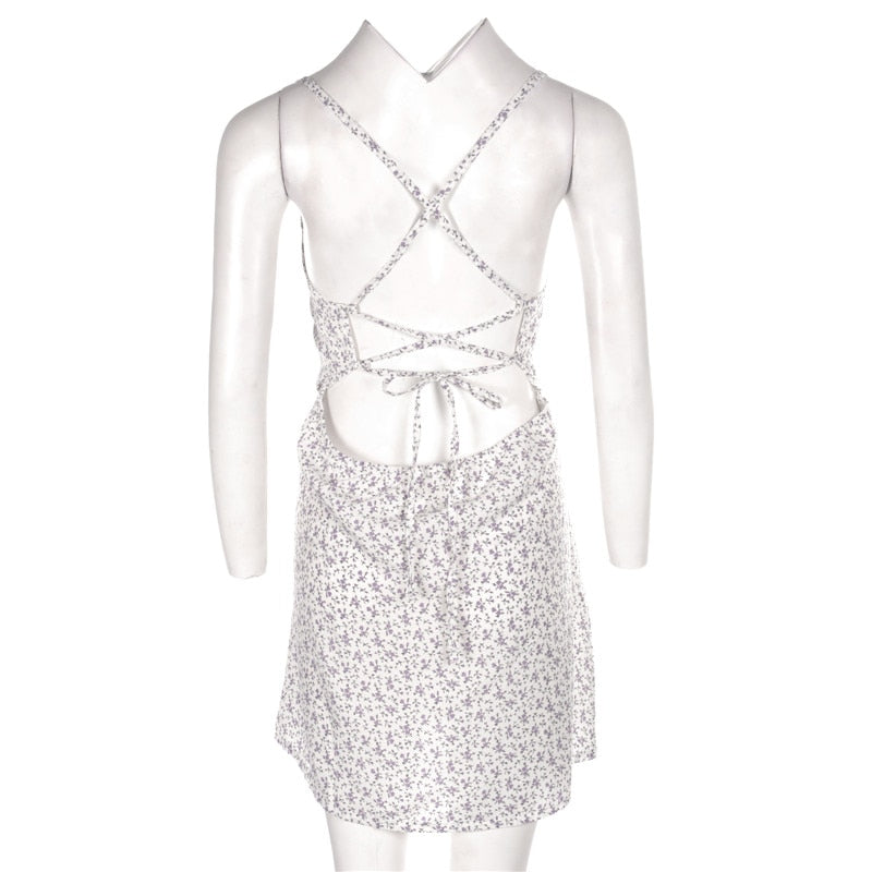 woloong  Beach Sundress Women Sling Straps Backless Cross Short Mini Dress Ruched Summer Sexy Little Flowers Printed Casual Vestidos