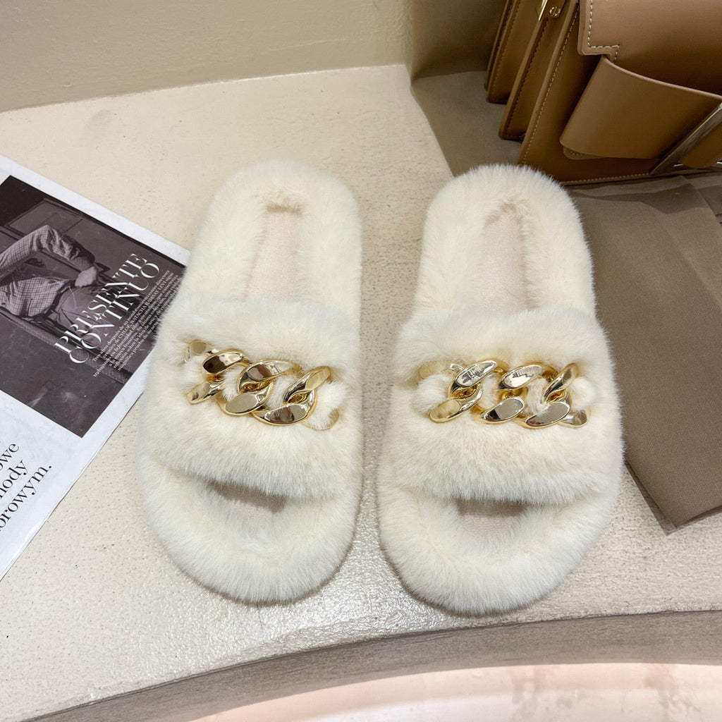 woloong  Women Fashion Metal Chain Warm Fluffy Slippers Cozy Faux Fur  Indoor Floor Outdoor Slides Flat Soft Furry Ladies Celebrities Fli