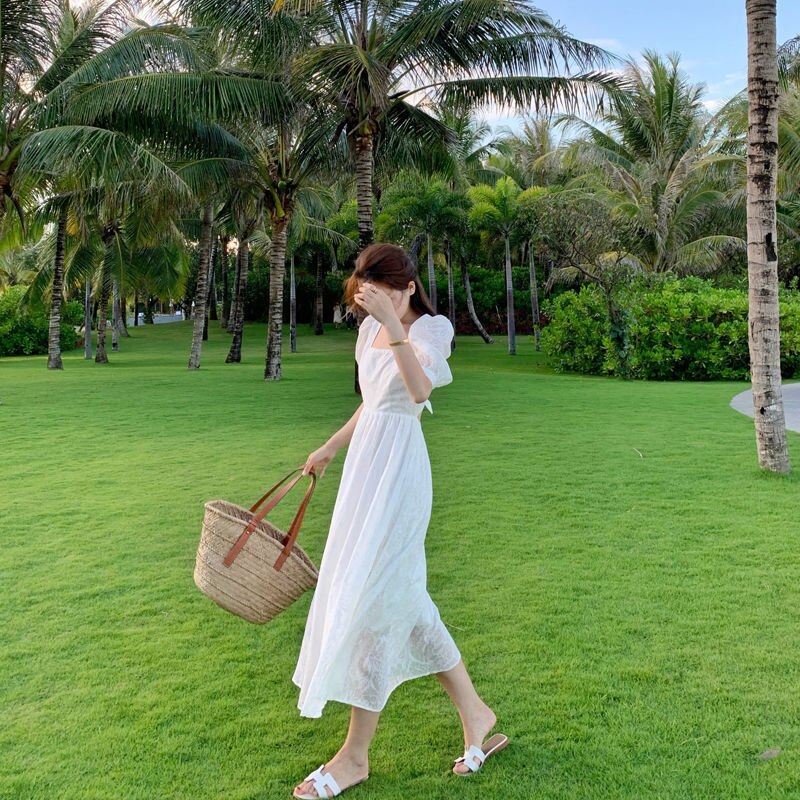 One Piece Dress Korean Puff Sleeve Sexy Midi Dresses Beach Sundresses for Women Summer  Backless Design Square Collar Chic