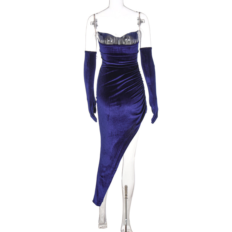 woloong Velvet Off Shoulder With Gloves Irregular Mini Dress Solid Fall Bodycon Evening Party Elegant Vestido