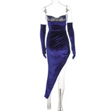 woloong Velvet Off Shoulder With Gloves Irregular Mini Dress Solid Fall Bodycon Evening Party Elegant Vestido