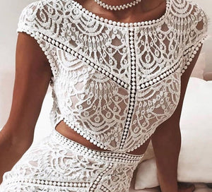 woloong  Women Solid Crochet Lace Mesh Mini Dress Elegant Fashion Chic Dress Bodycon Dress