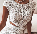 woloong  Women Solid Crochet Lace Mesh Mini Dress Elegant Fashion Chic Dress Bodycon Dress