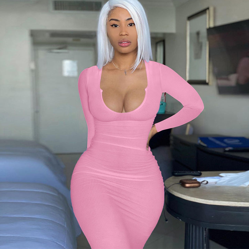 woloong  Long Sleeve Square Collar Ribbed Skinny Maxi Dress Summer Autumn Women Fashion Sexy Streetwear Lounghe Wear Y2K