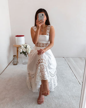 Woloong  Elegant Women's Dress Stitching Hollow Suspender Dresses Summer Women's Clothing  Solid Color Sleeveless Sexy Lace Dress