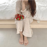 Ruffles Sleep Dress Women Long Sleeve Kawaii Cherry Print Korean Sleepwear Homewear Long Dress Autumn Elegant Casual Loose