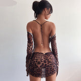 Party Night Sexy Leopard Backless See-Through Clubwear Women Clothing Flared Sleeves Lace Up Bodycon Mini Street Dresses