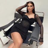woloong  Solid With Integrated Corset Long See Through Sleeves Sexy Mini Dress  Fall Party Club Elegant Streetwear Outfit