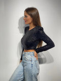 Woloong  Fantoye Sequin Slim Pullover Tops Women Black Long Sleeve Round Neck Short Tops Women Spring Skinny Fashion Party Clubwear
