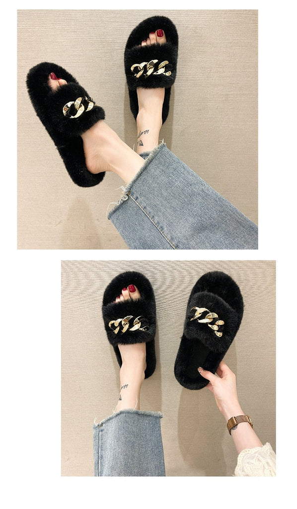 woloong  Women Fashion Metal Chain Warm Fluffy Slippers Cozy Faux Fur  Indoor Floor Outdoor Slides Flat Soft Furry Ladies Celebrities Fli