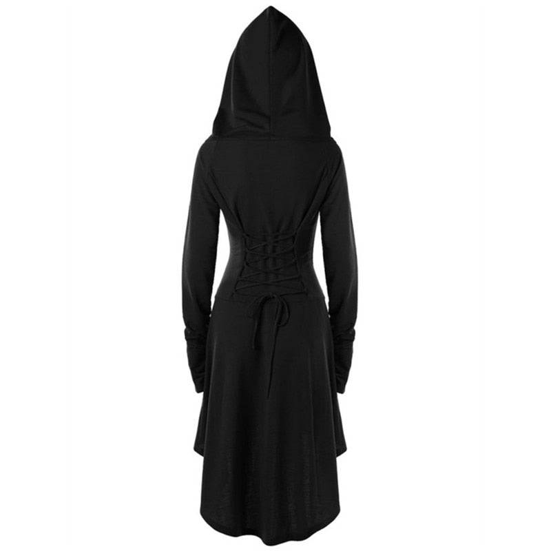 Womens Renaissance Archer cosplay Costumes Hooded Robe Lace Up Vintage Pullover Long Hoodie Dress Cloak Halloween LARP Party