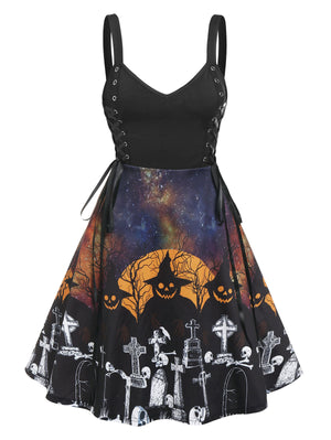 Gothic Black Women Dresses Lace Up Halloween Bat Skull Pumpkin Print Dress Sleeveless Punk V-Neck Autumn Party Dress For Female