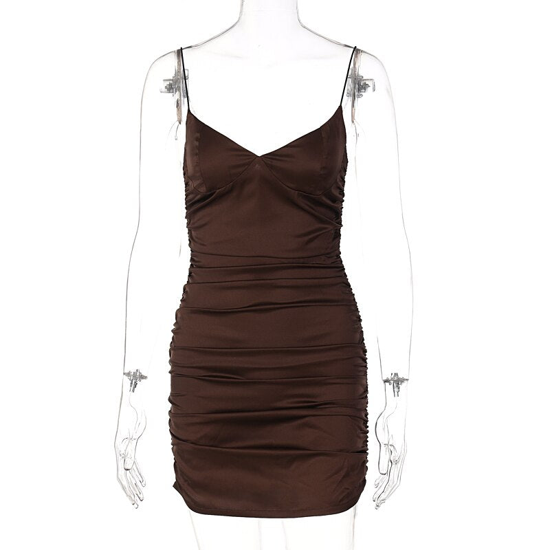 woloong  Slip Invisible Zipper Skinny Slit Pleated Mini Dress  Solid Bodycon Sexy Streetwear Evening Party Club Elegant