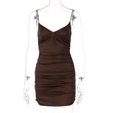 woloong  Slip Invisible Zipper Skinny Slit Pleated Mini Dress  Solid Bodycon Sexy Streetwear Evening Party Club Elegant