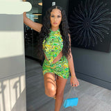 woloong Print Sleeveless Bodycon Halter Hollow Out Sexy Top Mini Dress Set Summer Women Fashion Streetwear Outfits Y2K