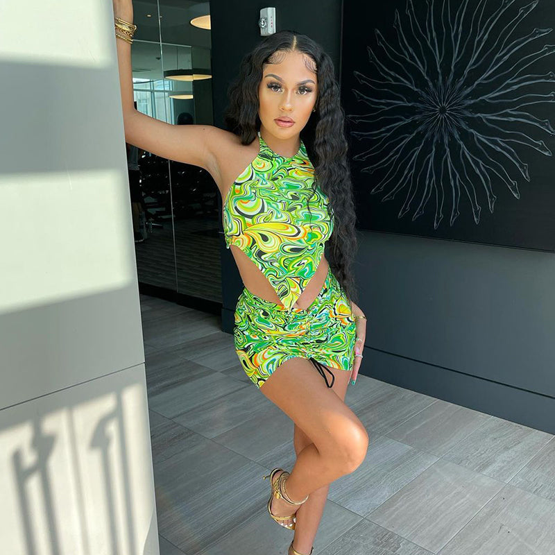 woloong Print Sleeveless Bodycon Halter Hollow Out Sexy Top Mini Dress Set Summer Women Fashion Streetwear Outfits Y2K