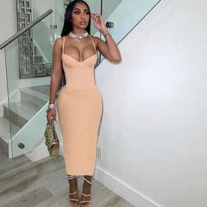 Dress Women Sexy Spahgetti Strap Solid Elegant Maxi  Low Neck Body-Shaping Cleavage Skirt Party Clubwear Female Vestidos