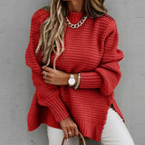 Women Sweaters Autumn Winter Mock Neck Batwing Sleeve Coarse Kint Pullovers Tops Female Casual O-Neck Side Split Long Sweater