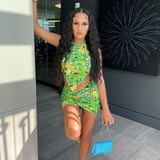 woloong Print Sleeveless Bodycon Halter Hollow Out Sexy Top Mini Dress Set Summer Women Fashion Streetwear Outfits Y2K