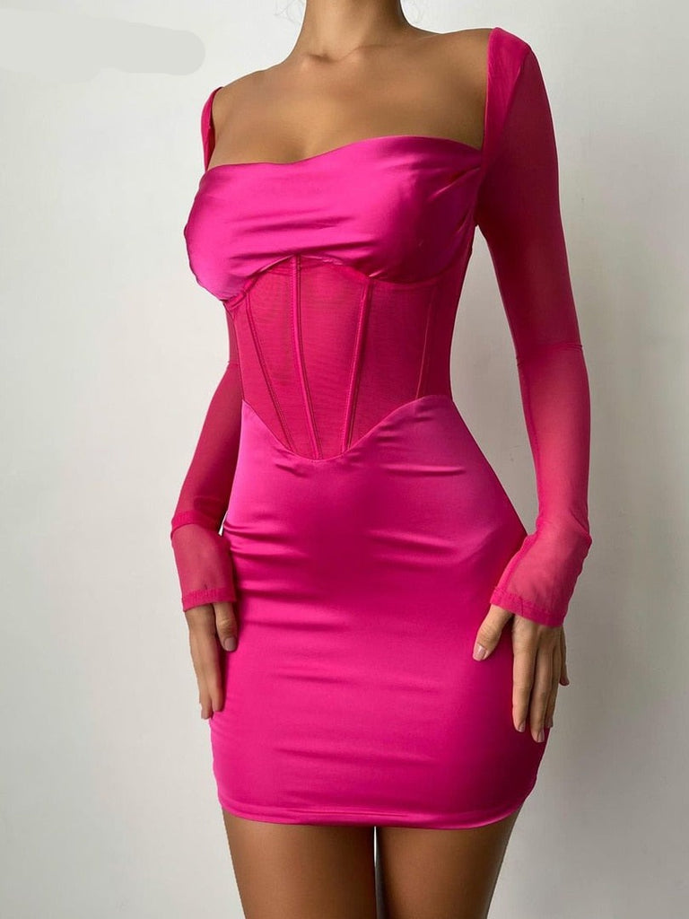 woloong  Solid With Integrated Corset Long See Through Sleeves Sexy Mini Dress  Fall Party Club Elegant Streetwear Outfit