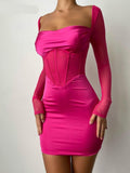 woloong  Solid With Integrated Corset Long See Through Sleeves Sexy Mini Dress  Fall Party Club Elegant Streetwear Outfit