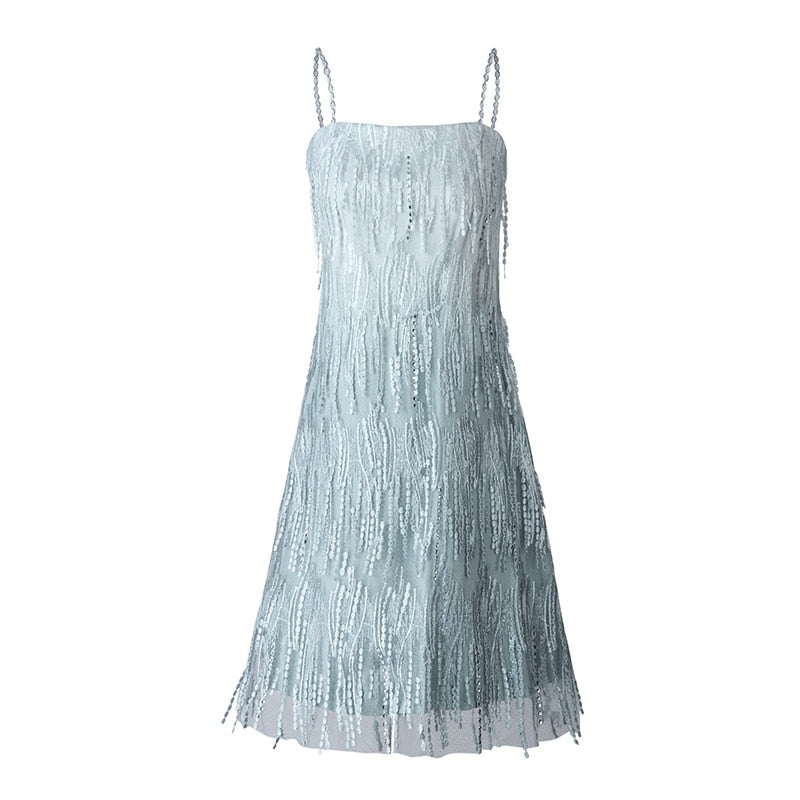 Evening Party Elegant Diamonds Tassel Dress Vestiso Spaghetti Strap A-Line Bodycon Mini Dress Women Summer Dresses