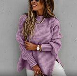 Women Sweaters Autumn Winter Mock Neck Batwing Sleeve Coarse Kint Pullovers Tops Female Casual O-Neck Side Split Long Sweater