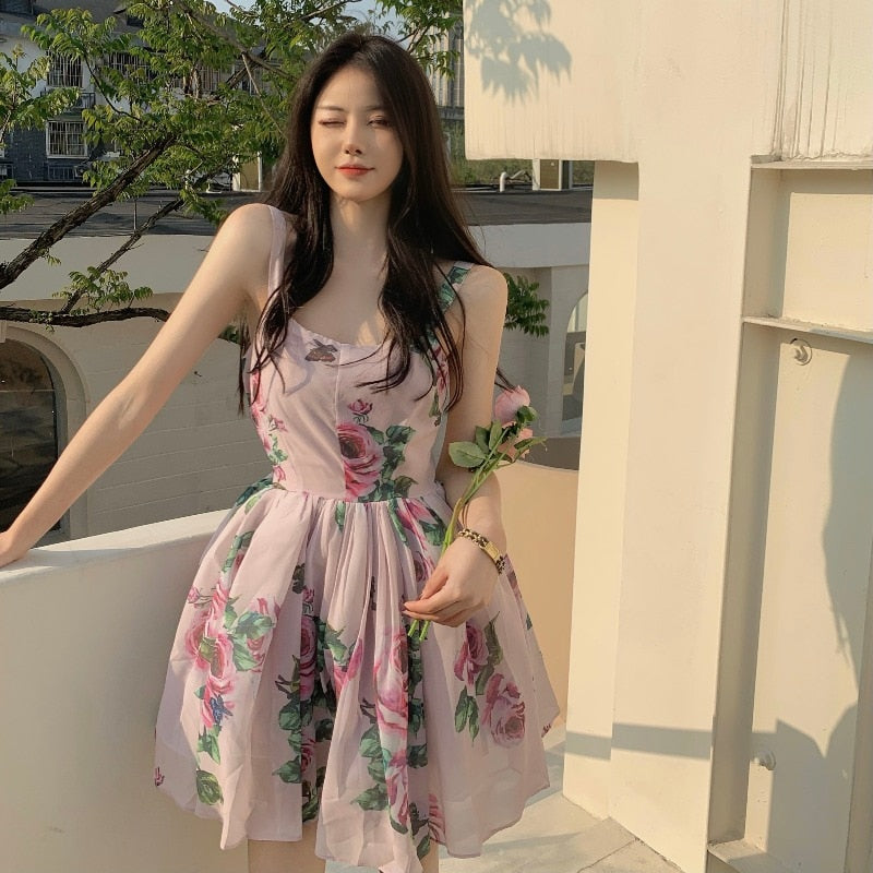 Spaghetti Strap Dress Summer Blooming Floral Print Ruffles Mini Slip Dress Women Chic  Lady Sleeveless Beach Dress Sundress