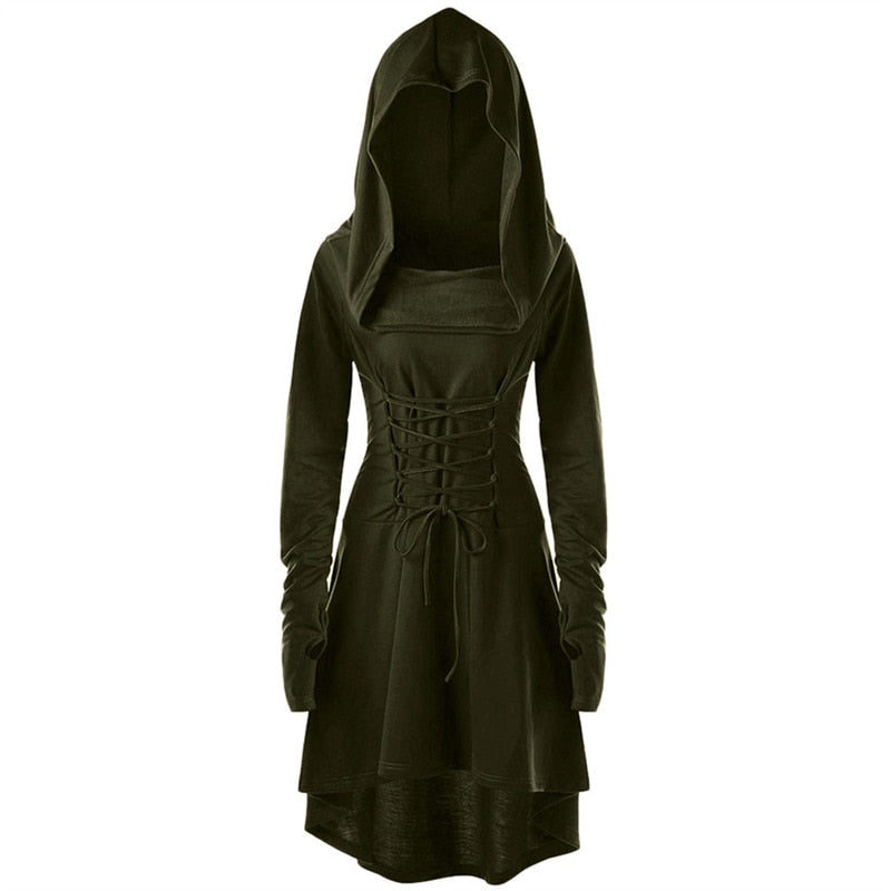 Womens Renaissance Archer cosplay Costumes Hooded Robe Lace Up Vintage Pullover Long Hoodie Dress Cloak Halloween LARP Party