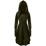 Womens Renaissance Archer cosplay Costumes Hooded Robe Lace Up Vintage Pullover Long Hoodie Dress Cloak Halloween LARP Party