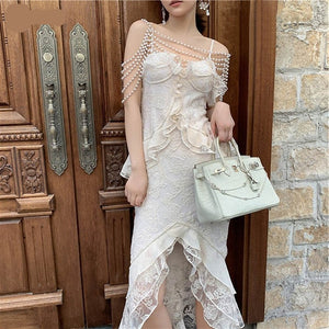 Lace Crochet Ruffles Bodycon Midi Dress Summer Spaghetti Strap Pearl Beading Party Irregular Dresses Women Elegant