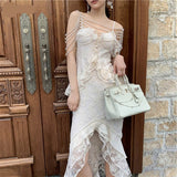Lace Crochet Ruffles Bodycon Midi Dress Summer Spaghetti Strap Pearl Beading Party Irregular Dresses Women Elegant
