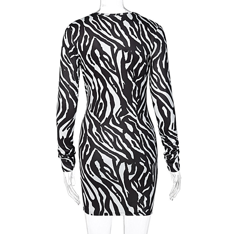 woloong Zebra Print Long Sleeve V-Neck Bandage Sexy Mini Dress Autumn Winter Women Fashion Streetwear Outfits Party Wear