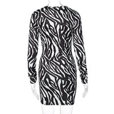 woloong Zebra Print Long Sleeve V-Neck Bandage Sexy Mini Dress Autumn Winter Women Fashion Streetwear Outfits Party Wear
