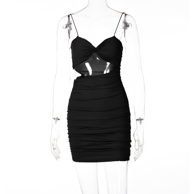woloong Pure Color Slip Sleeveless Hollow Out Pleated Mini Dress Summer Fall Bodycon Sexy Party Club Elegant Y2K