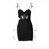 woloong Pure Color Slip Sleeveless Hollow Out Pleated Mini Dress Summer Fall Bodycon Sexy Party Club Elegant Y2K