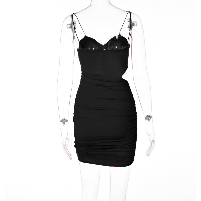 woloong Pure Color Slip Sleeveless Hollow Out Pleated Mini Dress Summer Fall Bodycon Sexy Party Club Elegant Y2K