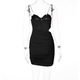 woloong Pure Color Slip Sleeveless Hollow Out Pleated Mini Dress Summer Fall Bodycon Sexy Party Club Elegant Y2K