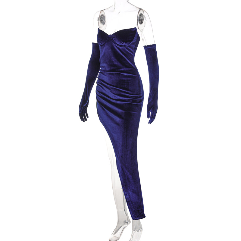 woloong Velvet Off Shoulder With Gloves Irregular Mini Dress Solid Fall Bodycon Evening Party Elegant Vestido
