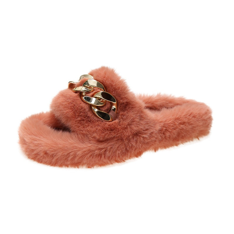 woloong  Women Fashion Metal Chain Warm Fluffy Slippers Cozy Faux Fur  Indoor Floor Outdoor Slides Flat Soft Furry Ladies Celebrities Fli