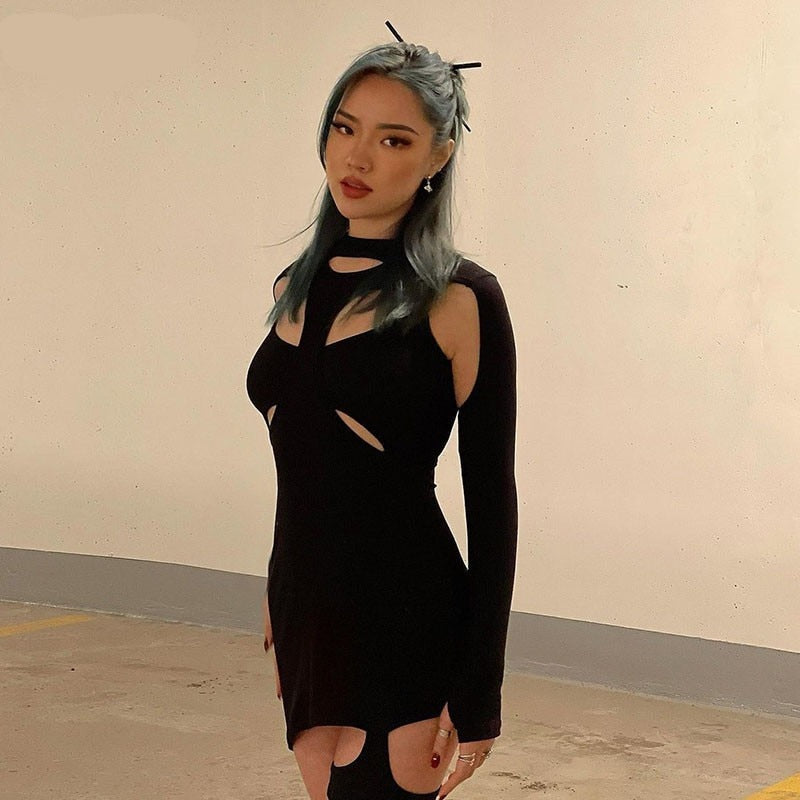 woloong Long Sleeve Hollow Out Sexy Mini Dress Summer Women Fashion Streetwear Outfits Y2K Chic Club Wear