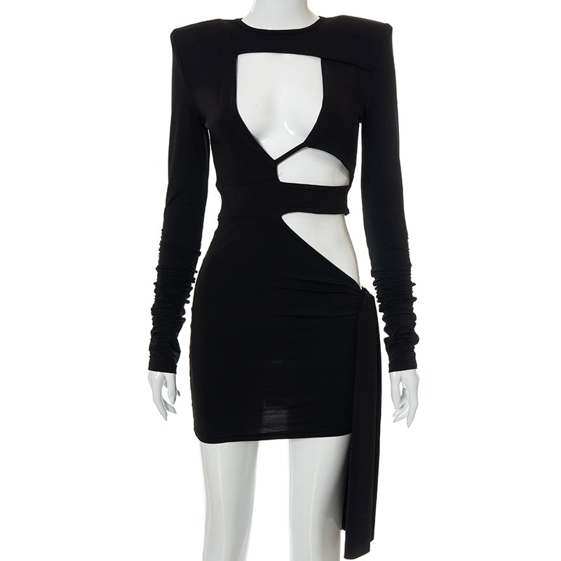 woloong  Women Fall Fashion Bodycon Folds Solid Long Sleeve Hollow Out String Mini Dress Female Clothing Streetwear Y2K