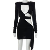 woloong  Women Fall Fashion Bodycon Folds Solid Long Sleeve Hollow Out String Mini Dress Female Clothing Streetwear Y2K
