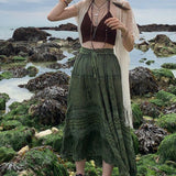 90s Vintage Boho Midi Skirts Fairycore Grunge Kawaii Bow High Waist Long Pleated Skirt Chic Women Retro Holiday Beach Streetwear