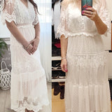 Hollow Out White Dress Sexy Women Long Lace Dress Cross Semi-Sheer Plunge V-Neck Short Sleeve Lace Maxi Dress