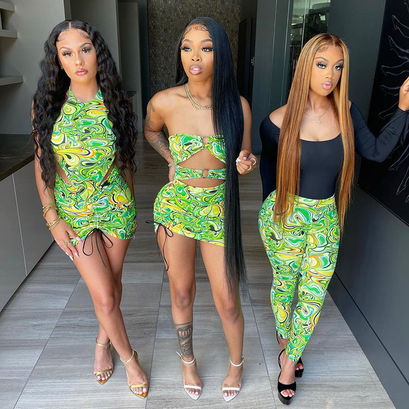 woloong Print Sleeveless Bodycon Halter Hollow Out Sexy Top Mini Dress Set Summer Women Fashion Streetwear Outfits Y2K