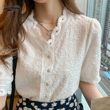Woloong  Summer Shirt Korean Style Wild Lace Shirt Women Square Collar Short Sleeve Hollow Out Vintage Elegant Blouse Blusas 13934