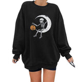 Aieru Y2k Women Halloween Sweatshirt Pumpkin Skeleton Print Round-Neck Pullover Long Sleeves Top Shirt for Girls Black Gothic Clothes