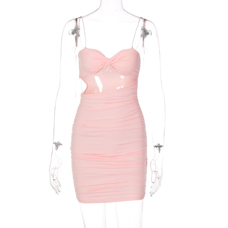 woloong Pure Color Slip Sleeveless Hollow Out Pleated Mini Dress Summer Fall Bodycon Sexy Party Club Elegant Y2K